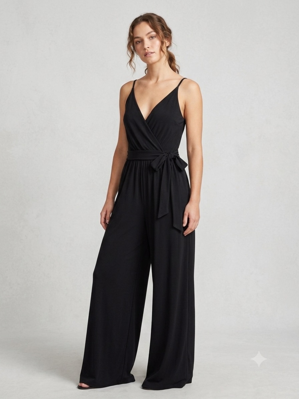 Black Wrap-Front Wide-Leg Jumpsuit